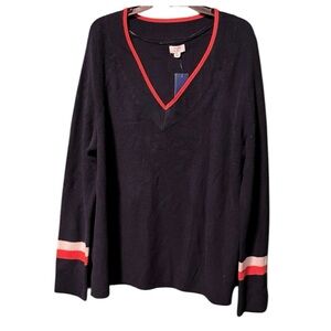 NWT Crown&Ivy XXL Woman’s Sweater Deep V-Neck Navy Blue Red&White Trim Plus Size